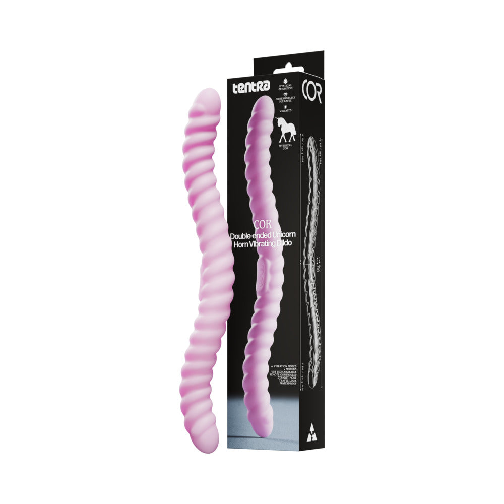Tentra Cor Unicorn Horn Double-ended Vibrating Dildo Pink in packaging with flexible double-ended design.