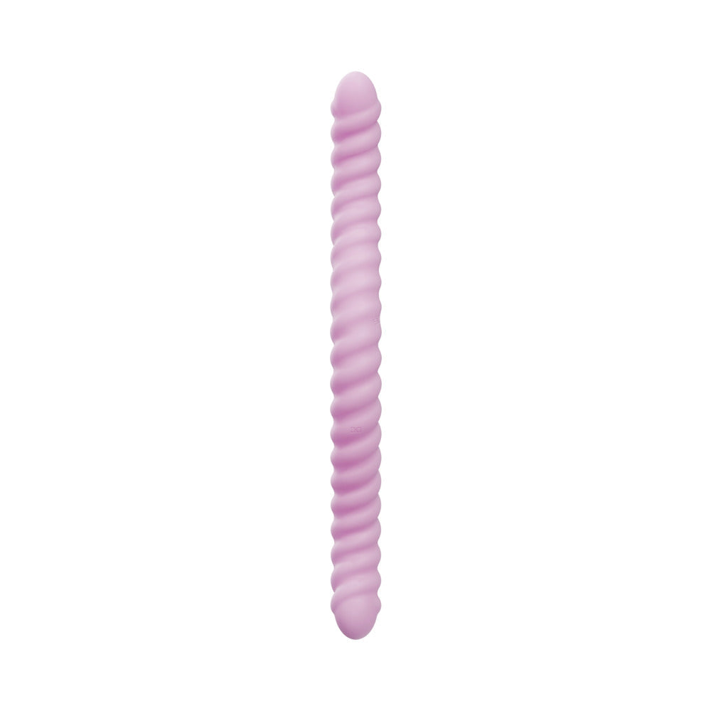 Tentra Cor Unicorn Horn Double-ended Vibrating Dildo Pink in a sleek pink design, showcasing its elegant twisted shape.
