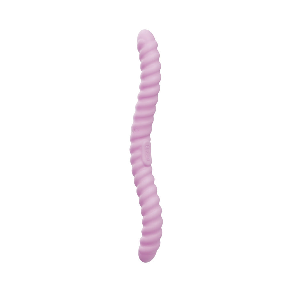 Tentra Cor Unicorn Horn Double-ended Vibrating Dildo Pink, a pink, curved vibrator with a unique design.