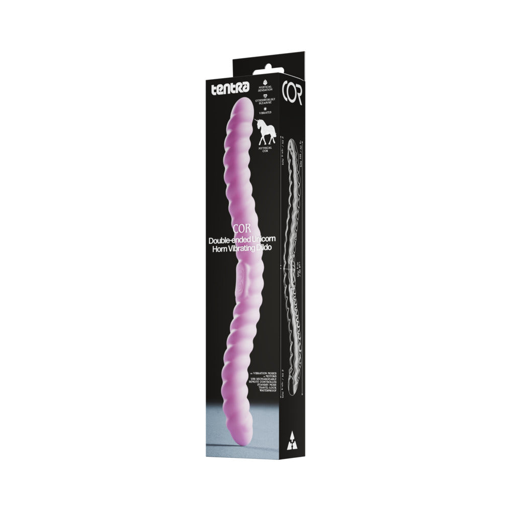 Tentra Cor Unicorn Horn Double-ended Vibrating Dildo Pink package design featuring double-ended vibrator.
