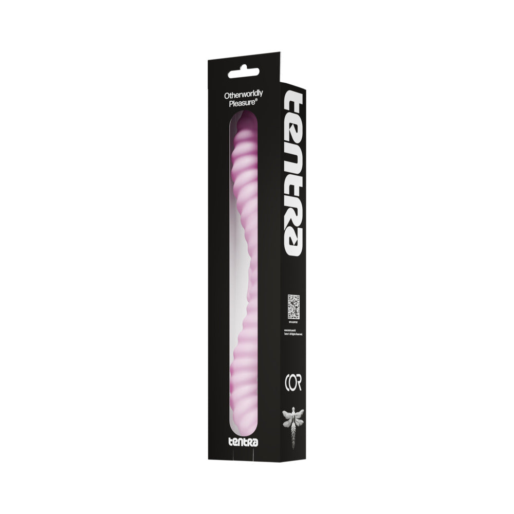 Tentra Cor Unicorn Horn Double-ended Vibrating Dildo Pink packaging showcasing unique design and branding.