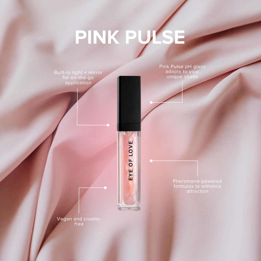 Eye Of Love Matchmaker Pheromone Ph Lip Stain Pink Pulse on soft pink fabric with features highlighted.