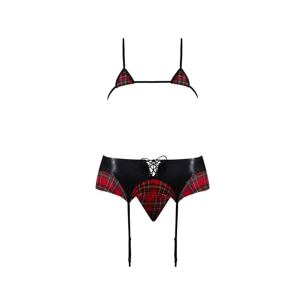Magic Silk Sexy Time Oral Exam Schoolgirl Set Red Queen featuring plaid micro bra and black wet look accents.