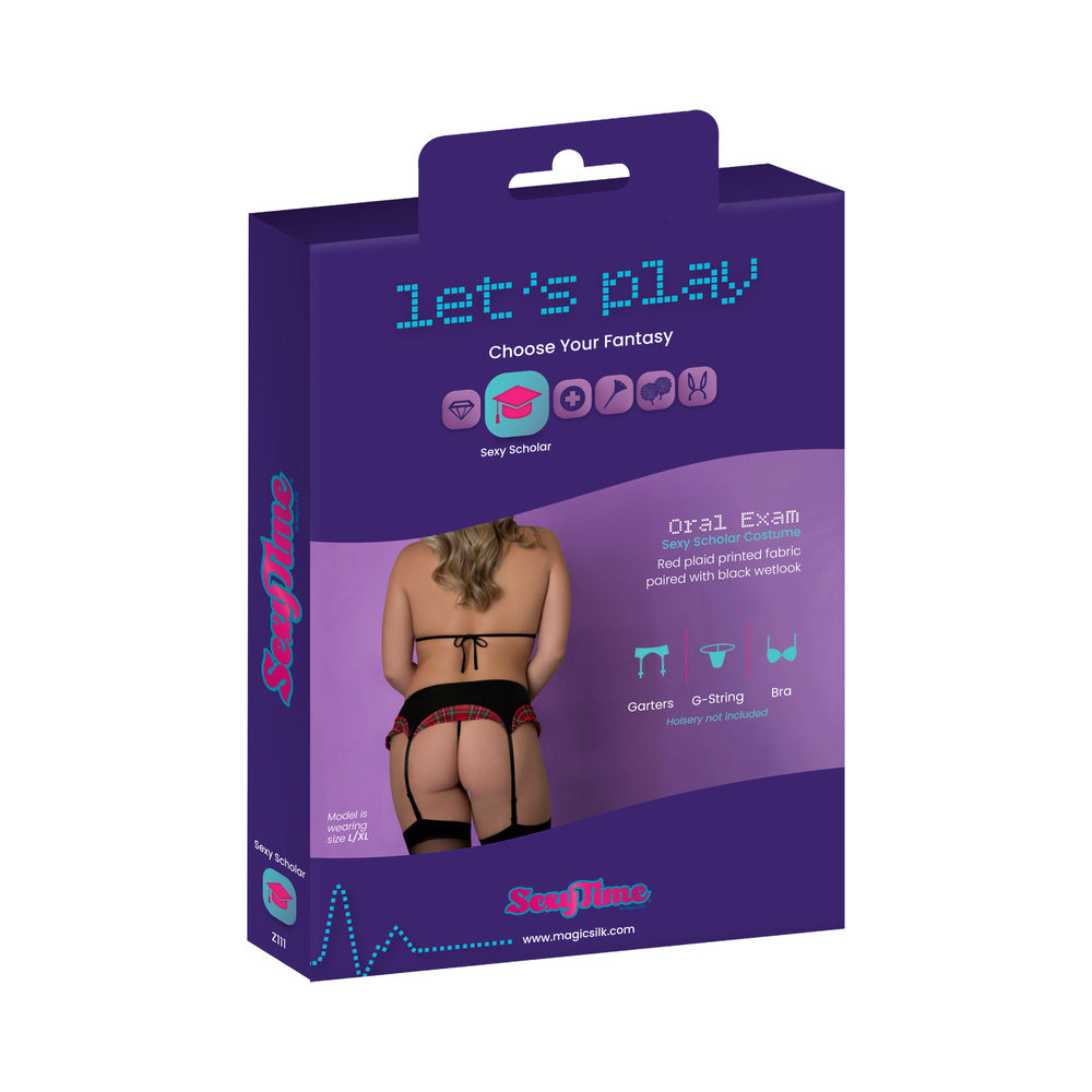 Magic Silk Sexy Time Oral Exam Schoolgirl Set Red Queen packaging featuring a sexy scholar costume with plaid and wet look accents.
