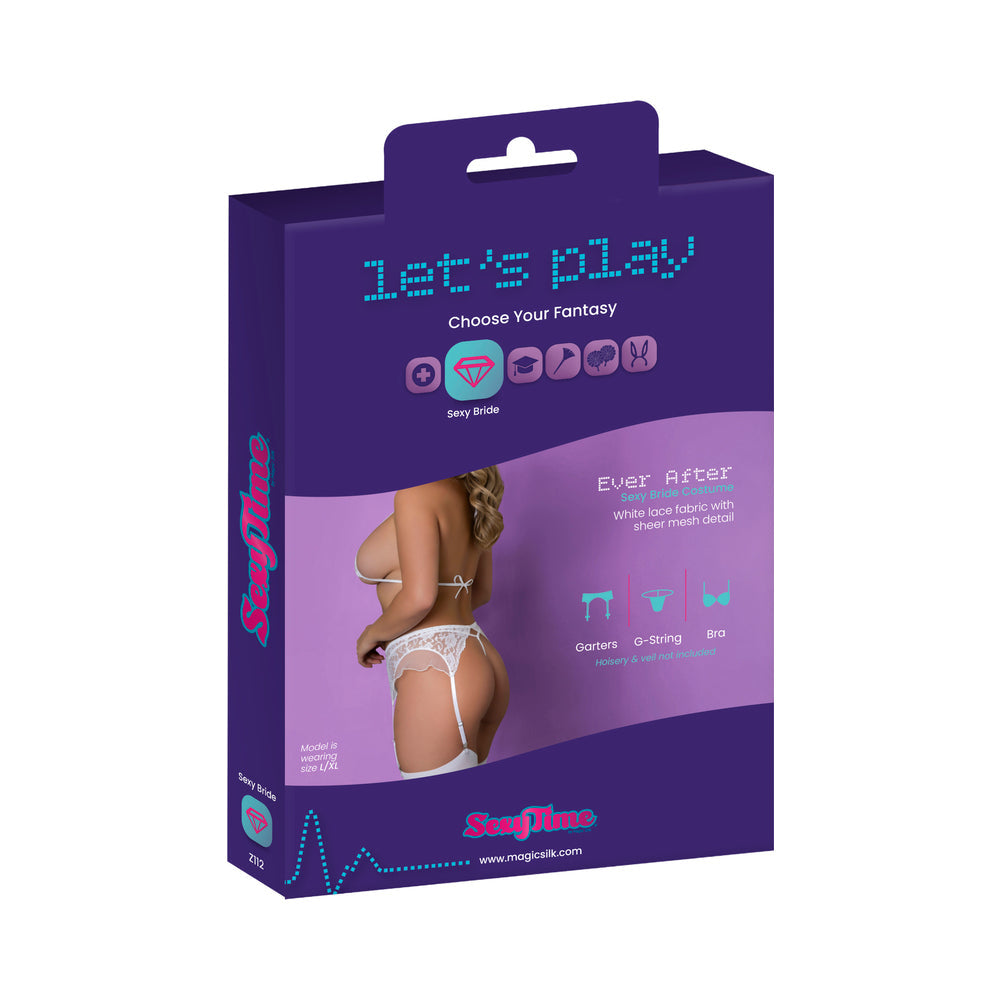 Magic Silk Sexy Time Ever After Bride Costume White L/XL packaging featuring sexy bridal lingerie set.