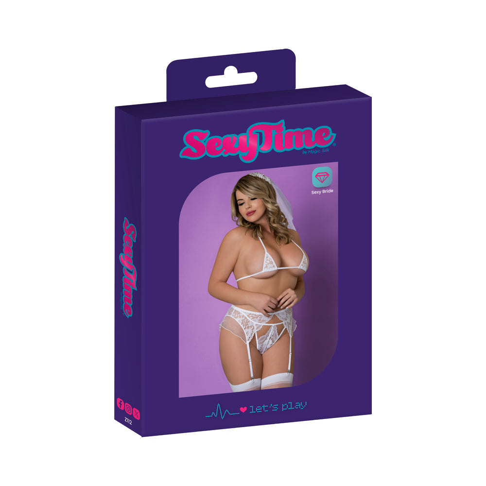 Magic Silk Sexy Time Ever After Bride Costume White Queen sexy lingerie packaging with model wearing a white lace outfit.