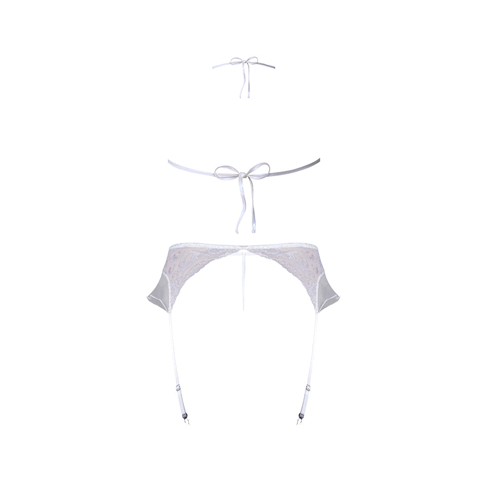 Magic Silk Sexy Time Ever After Bride Costume White Queen three-piece lingerie set featuring lace and mesh.
