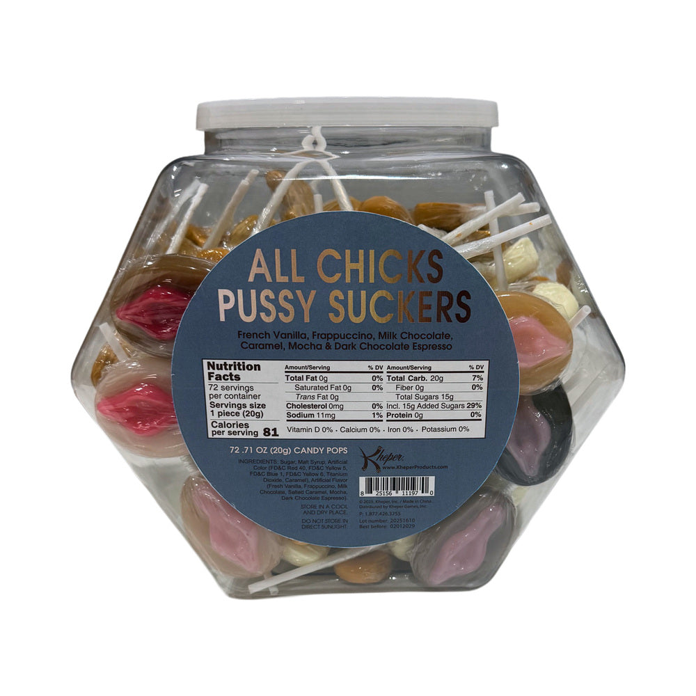 All Chicks Pussy Suckers 72 pc Bowl assortment with lollipops in a clear hexagonal container.