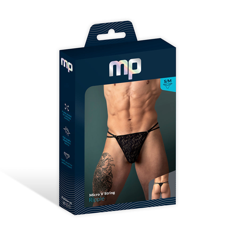 Male Power Ripple Micro V String Black L XL packaging showcasing a sleek design and minimal coverage for comfortable wear.