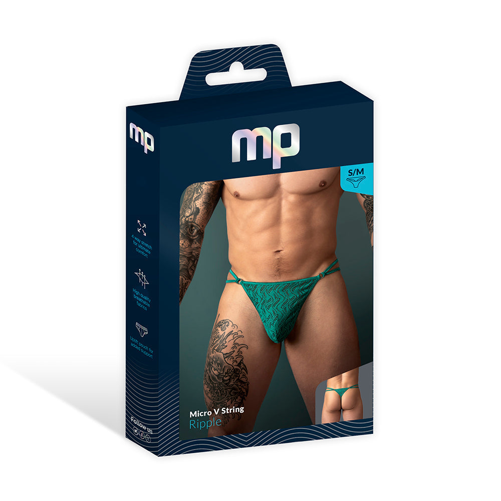 Male Power Ripple Lace Micro V-String Teal S/M displayed in packaging with modern design and textured lace.
