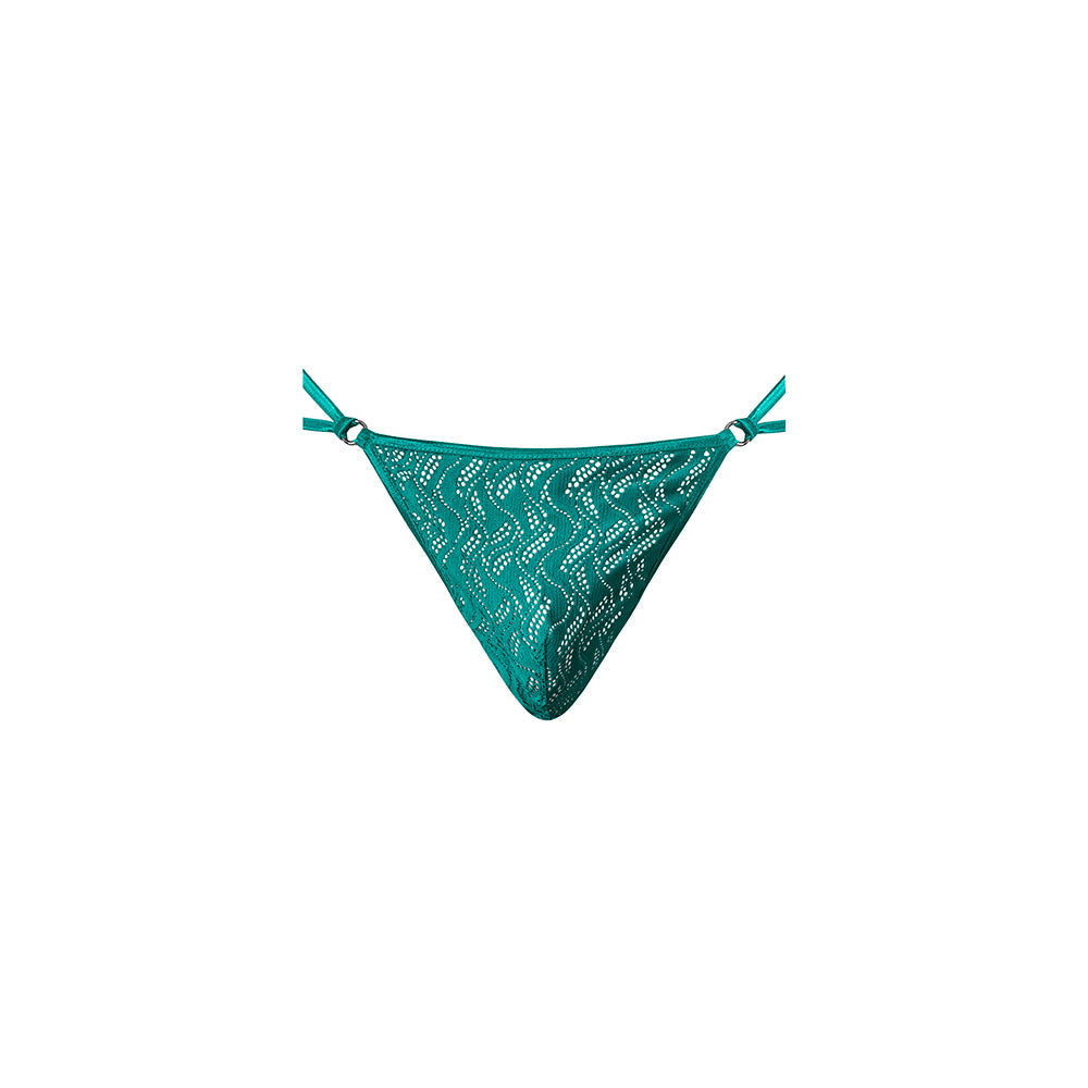 Male Power Ripple Lace Micro V-String Teal S/M with wavy lace design and minimal g-string cut.