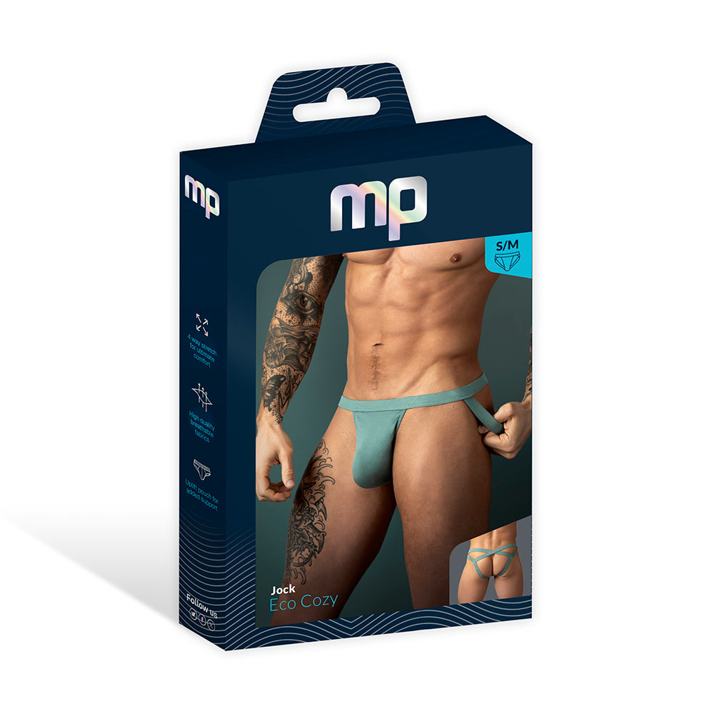Male Power Eco Cozy Jock Strap Green S/M packaging showcasing a comfortable athletic design for men.
