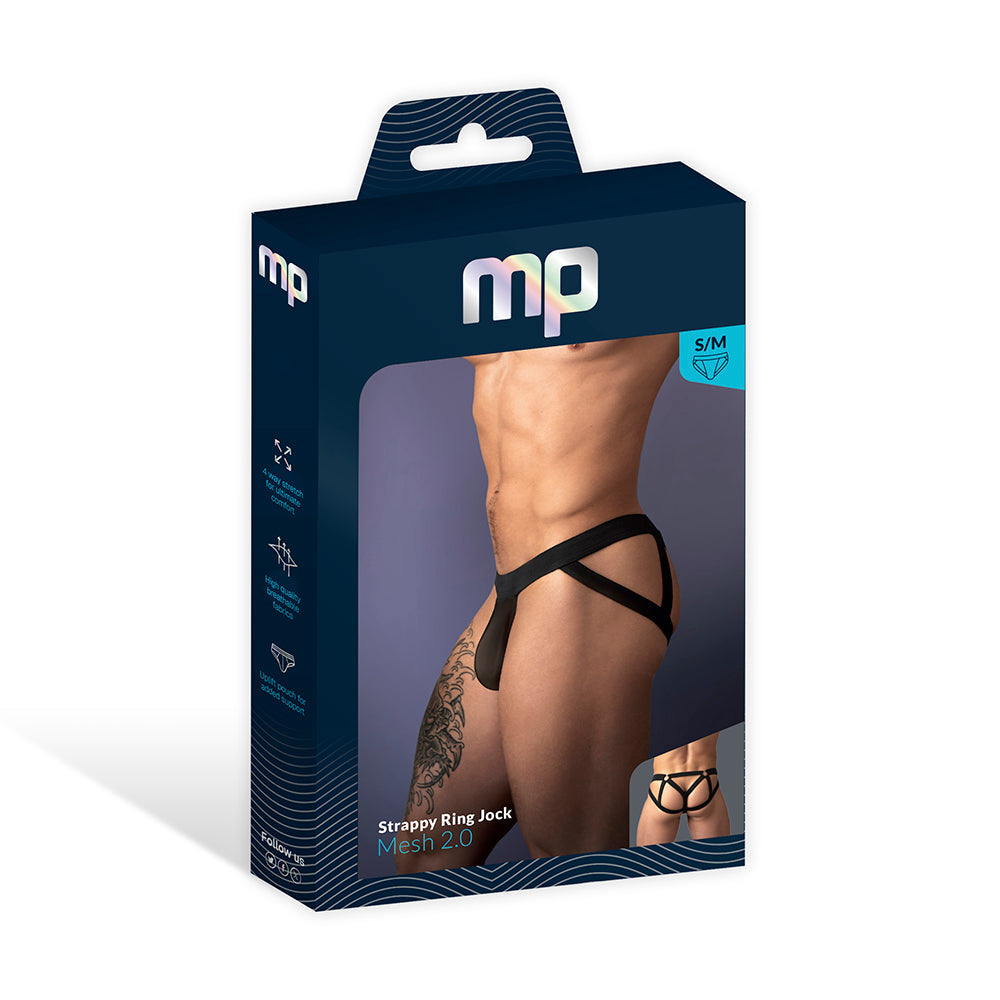 Male Power Mesh 2.0 Strappy Ring Jock Black L/XL packaging showcasing a daring jock design.