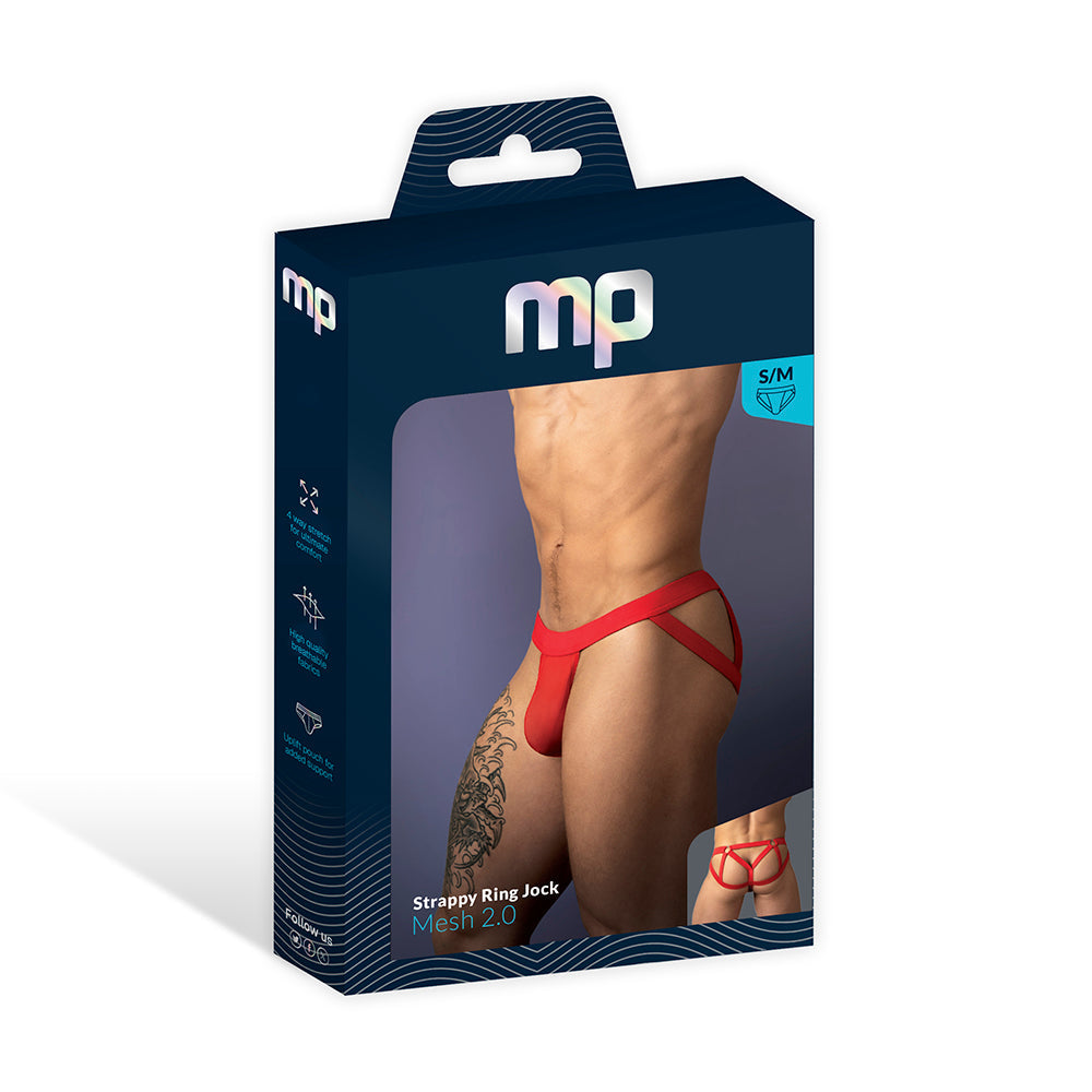 Male Power Mesh 2.0 Strappy Ring Jock Red L/XL packaging with model showcasing design and fit.
