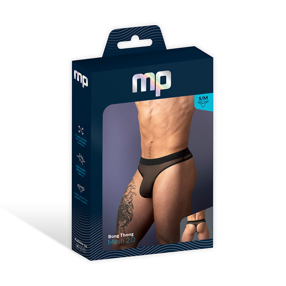 Male Power Mesh 2.0 Bong Thong Black L/XL packaging featuring a model wearing the thong.