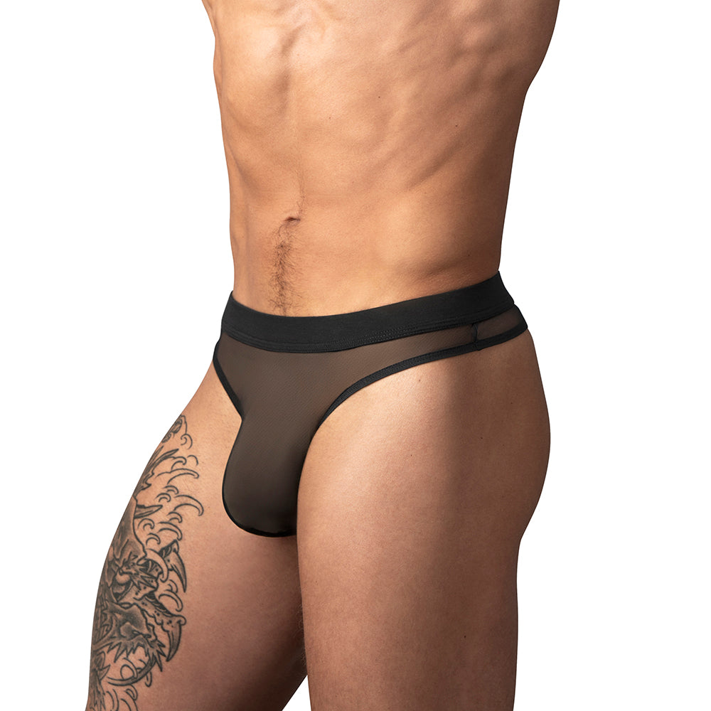 Male Power Mesh 2.0 Bong Thong Black L/XL showcased on a model, highlighting its sheer design and comfortable fit.
