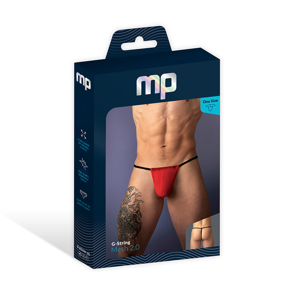 Male Power Mesh 2.0 G-String Red One Size packaging with model showcasing the bold design.