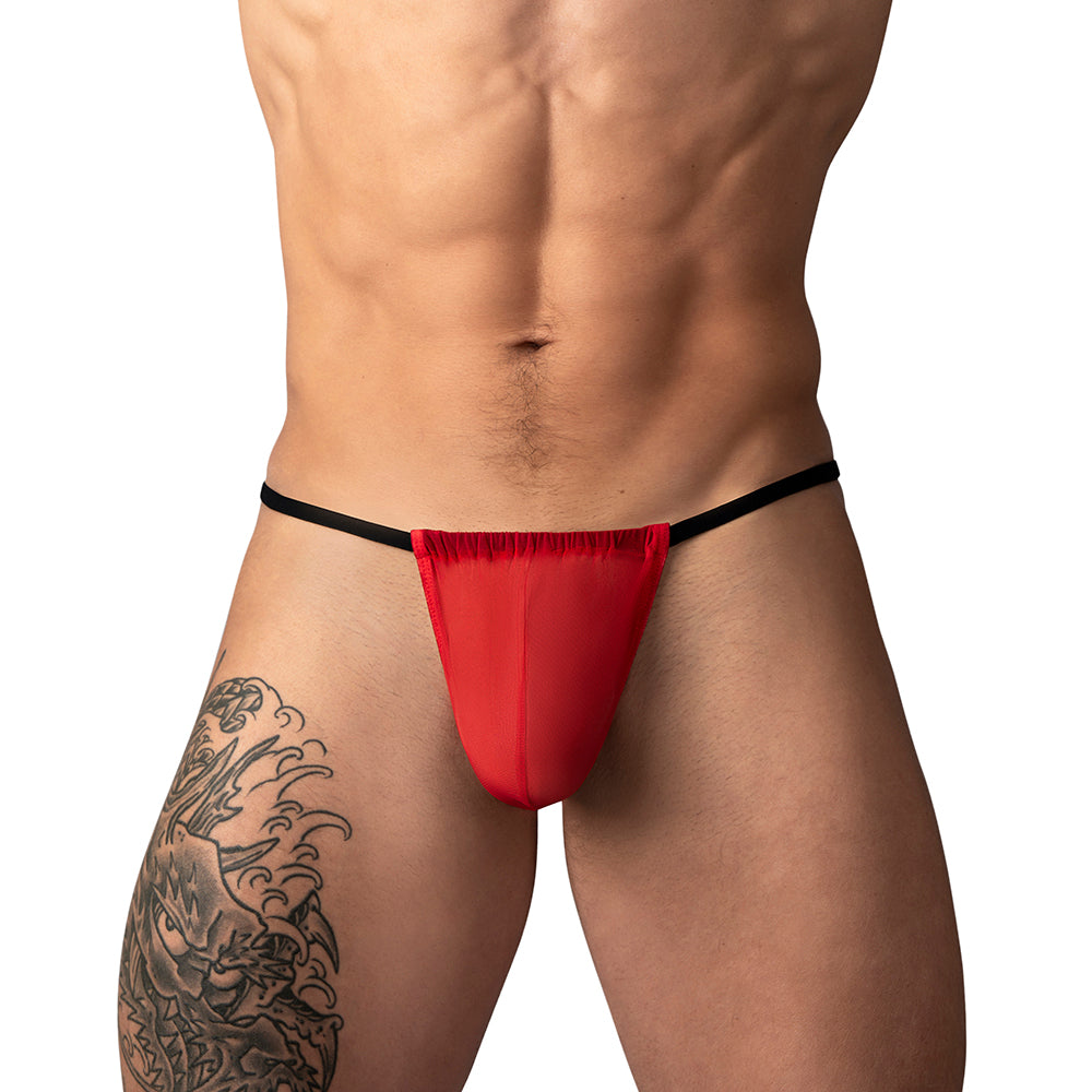 Male Power Mesh 2.0 G-String Red One Size displayed on a model, showcasing its bold mesh design and minimal coverage.