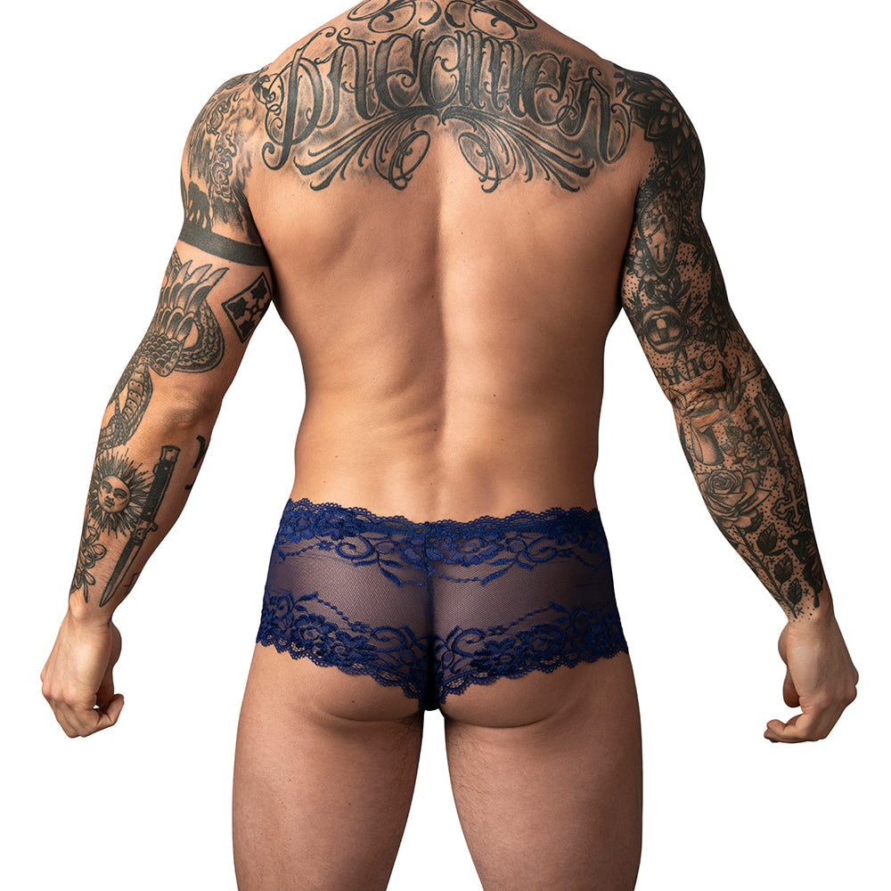 Male Power Sassy Lace Mini Short Sheer Pouch Navy M showcasing modern design with sheer lace details and supportive pouch.