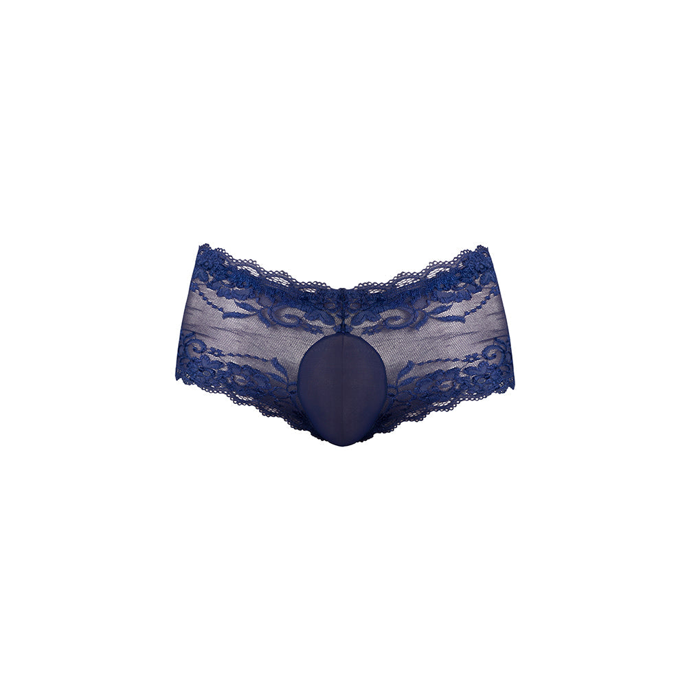 Male Power Sassy Lace Mini Short Sheer Pouch Navy M features elegant floral lace design and sheer pouch for modern comfort.