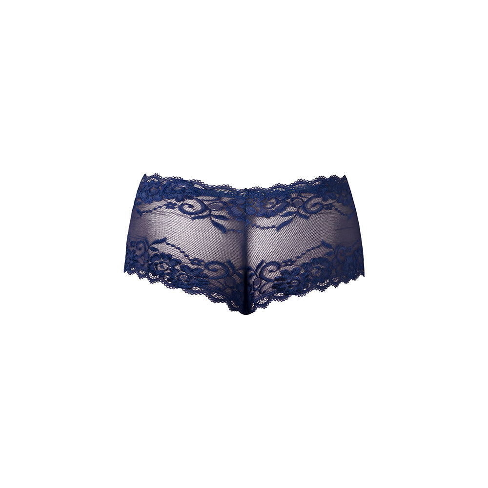 Male Power Sassy Lace Mini Short Sheer Pouch Navy M featuring lightweight floral lace design.
