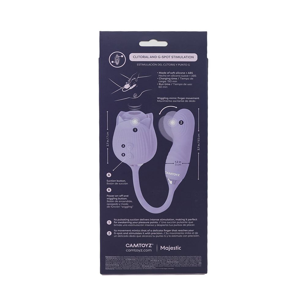 Camtoyz Lotus G-spot Stimulator packaging showcasing its clitoral and G-spot stimulation features.