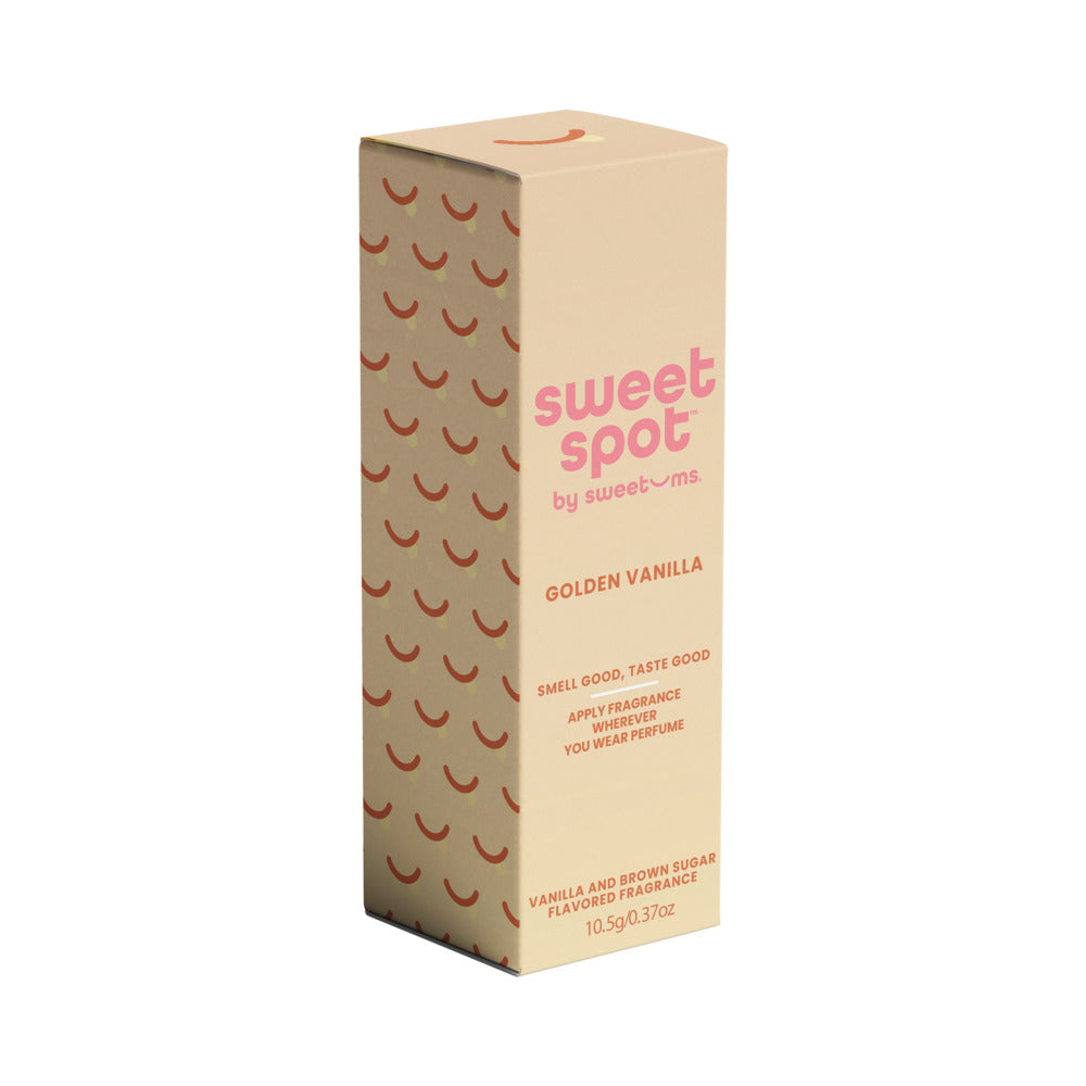 Sweetums Sweet Spot Flavored Fragrance Golden Vanilla packaging featuring warm vanilla and brown sugar scent.