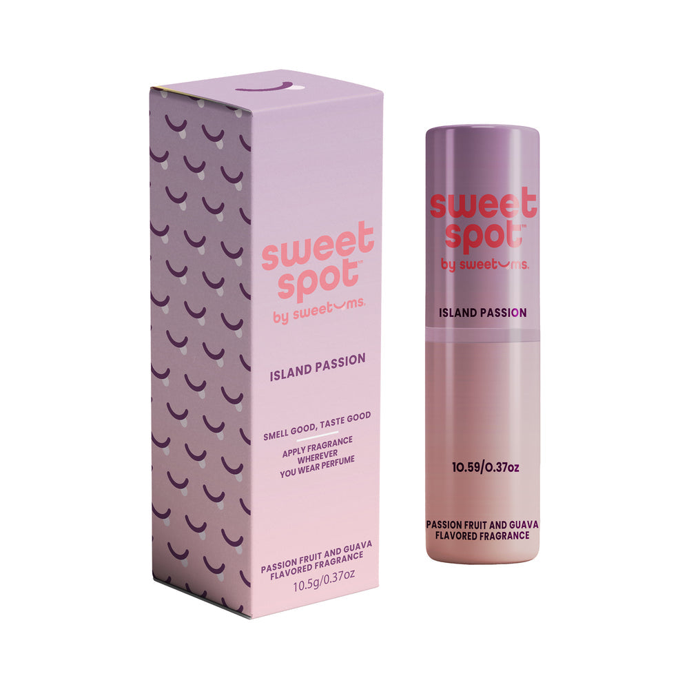 Sweetums Sweet Spot Flavored Fragrance Island Passion solid perfume and packaging with tropical scent.