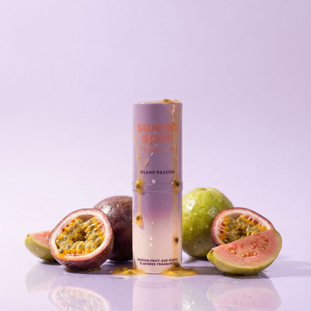 Sweetums Sweet Spot Flavored Fragrance Island Passion with passion fruit and guava on a vibrant background.