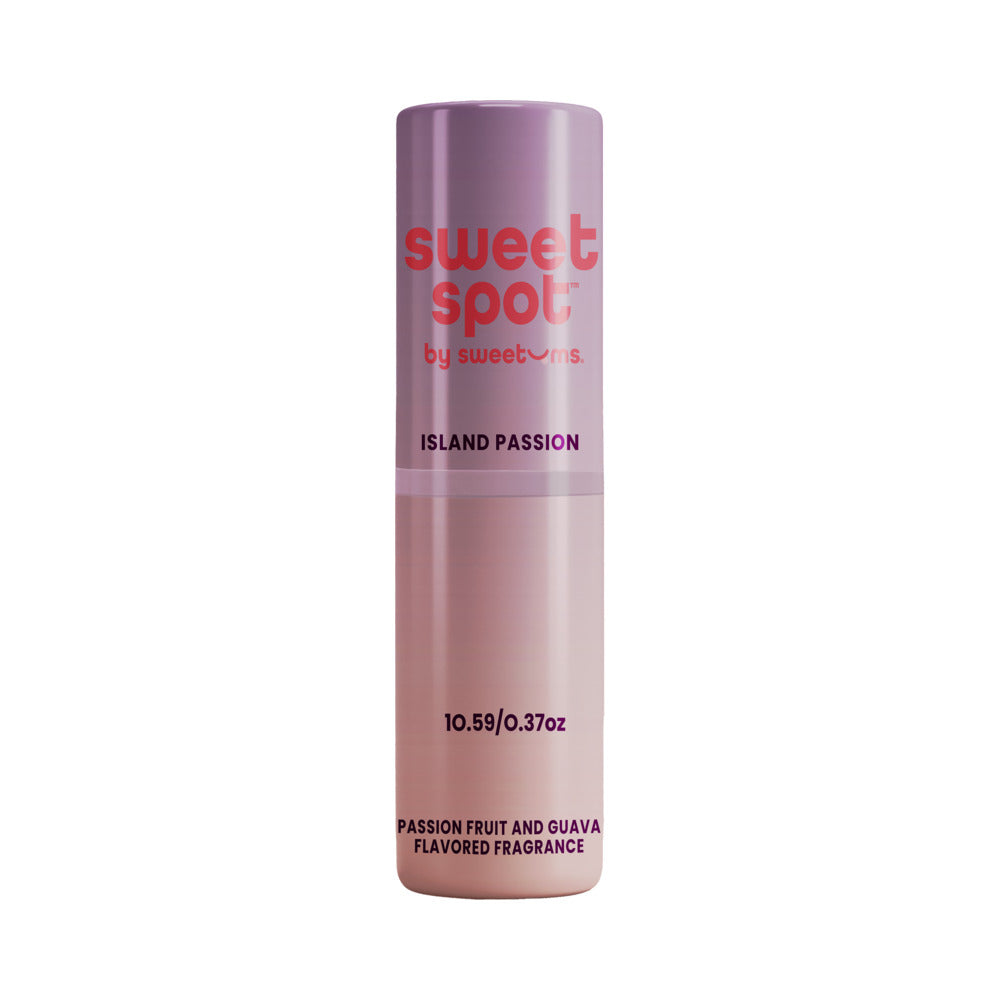 Sweetums Sweet Spot Flavored Fragrance Island Passion solid perfume stick in tropical packaging.