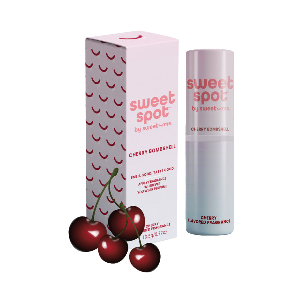 Sweetums Sweet Spot Flavored Fragrance Cherry Bombshell in packaging with cherries, showcasing edible solid fragrance stick.