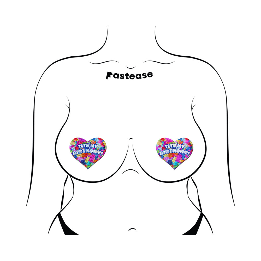 Pastease Tits My Birthday Heart Breast Pasties With Confetti on a body outline for festive celebrations.