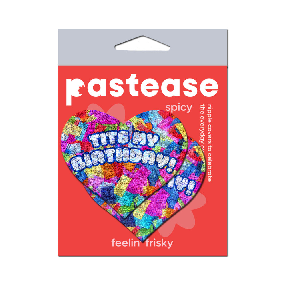 Pastease Tits My Birthday Heart Breast Pasties With Confetti packaging featuring colorful confetti design.