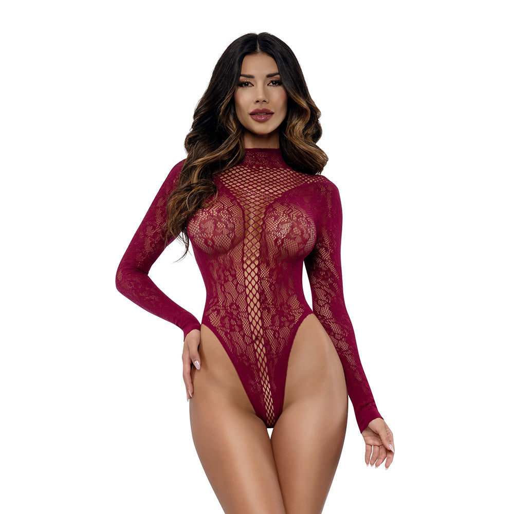 Dreamgirl Honey Long Sleeve Teddy Burgundy One Size featuring elegant lace and a backless design.