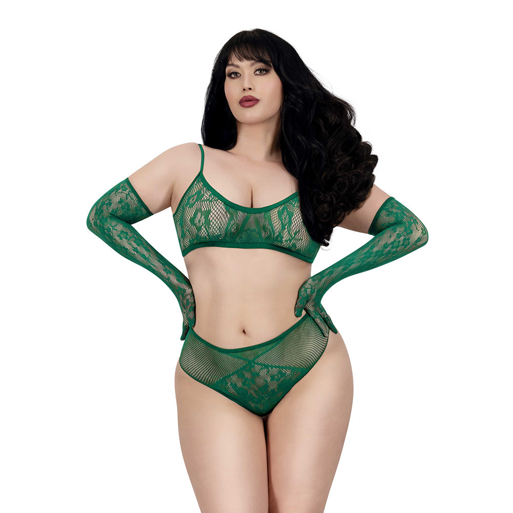 Dreamgirl Lace Seamless 3-piece Set Emerald Queen Size