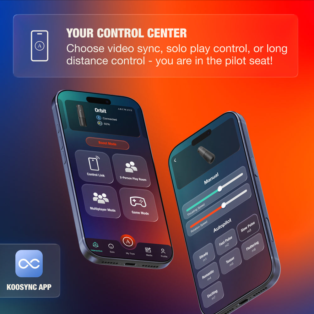 Two smartphones displaying the Koosync app interface for Arcwave Orbit Rotating Stroker control settings.