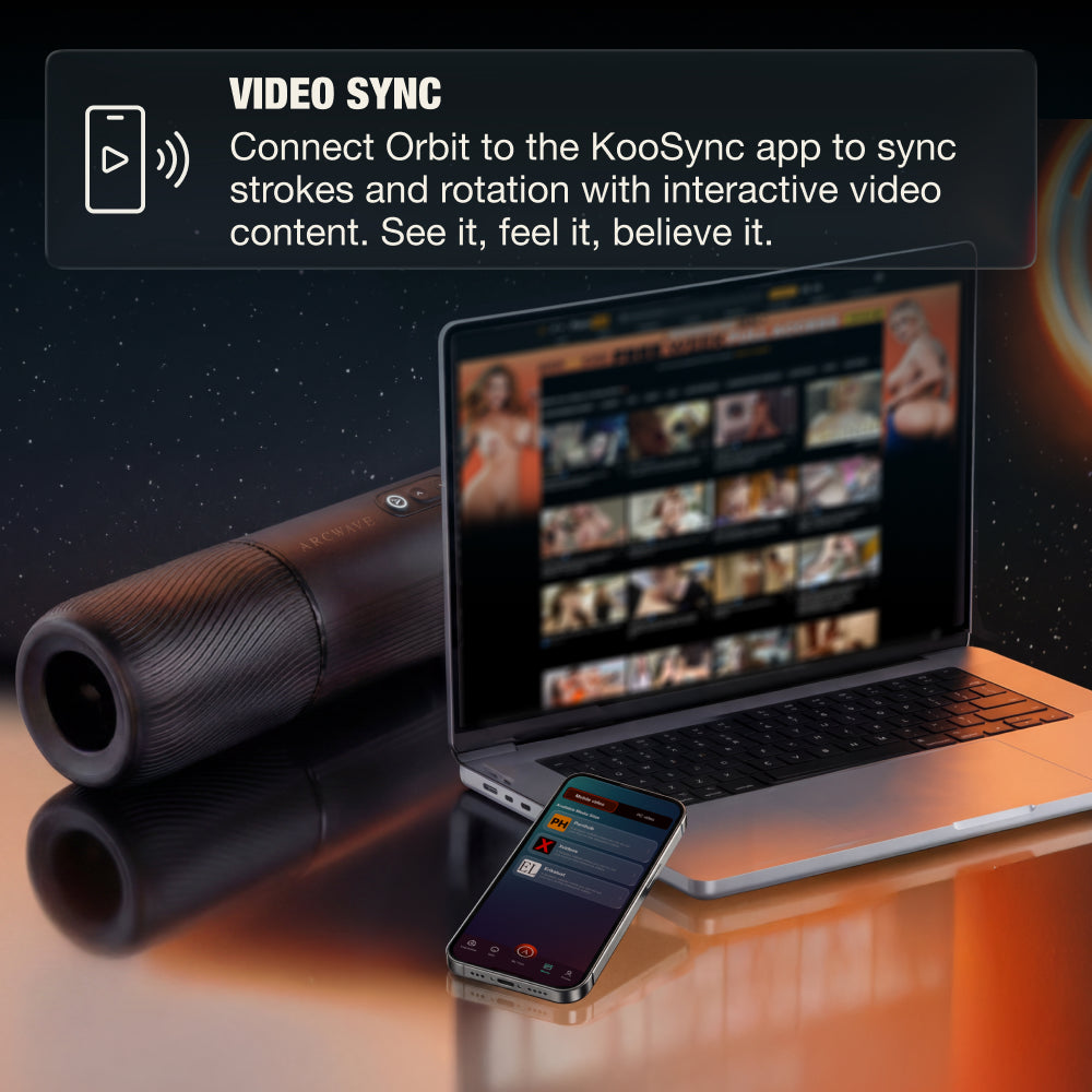 Arcwave Orbit Rotating Stroker connects to KooSync app for interactive video sync and enhanced pleasure experience.