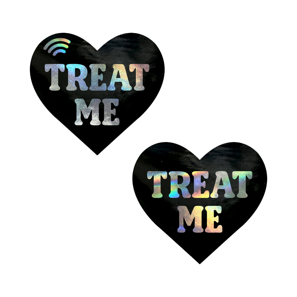 Neva Nude Treat Me Holographic Heart Smart Nfc Pasties featuring a vibrant holographic design and NFC technology.