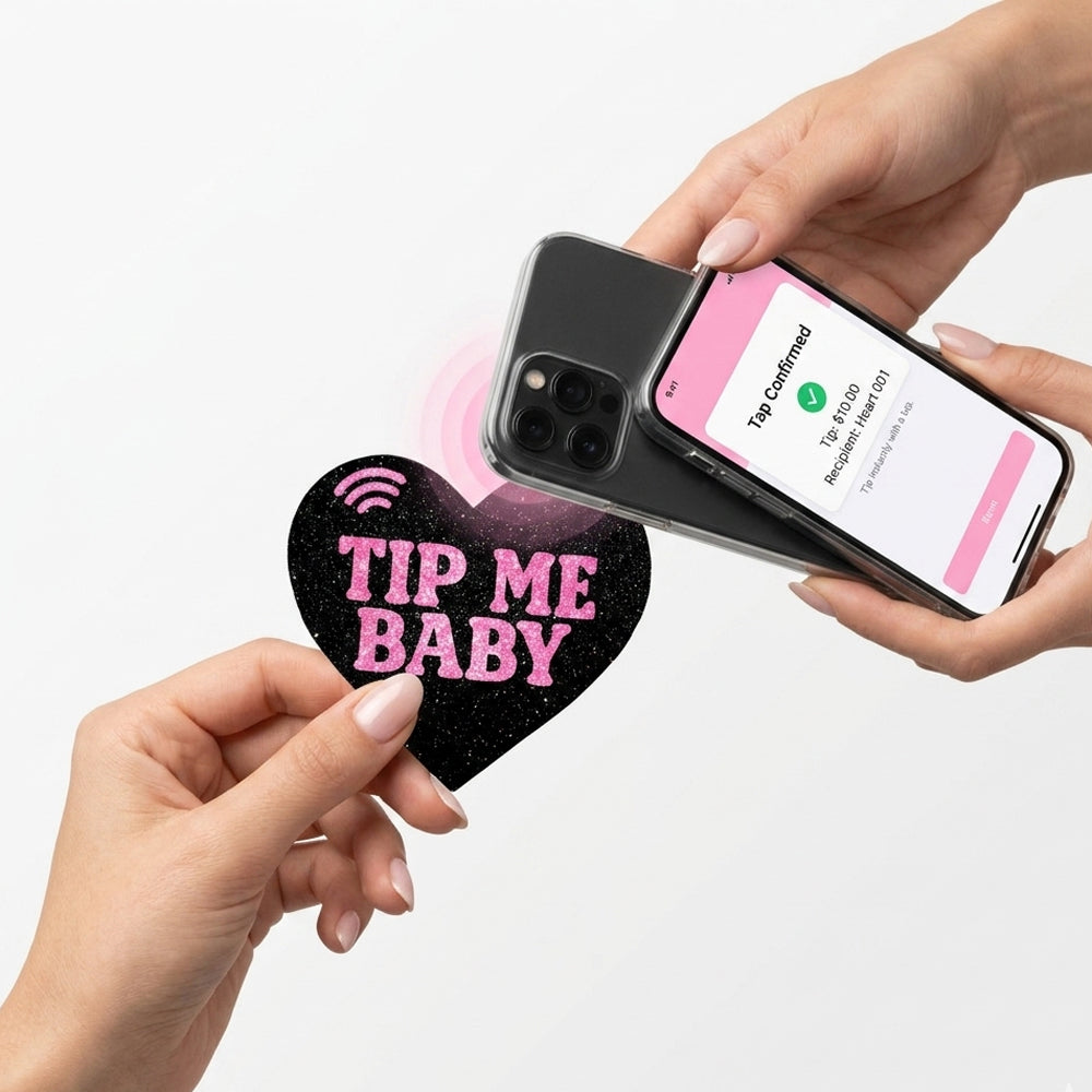 Image of Neva Nude Worth The Tap Hot Pink Heart Smart NFC Pasties in use, demonstrating NFC technology for easy tipping.