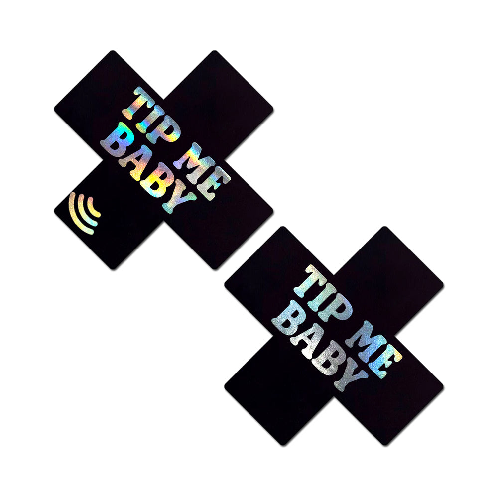 Neva Nude Tip Me Baby Holographic X Smart Nfc Pasties displayed with holographic lettering.