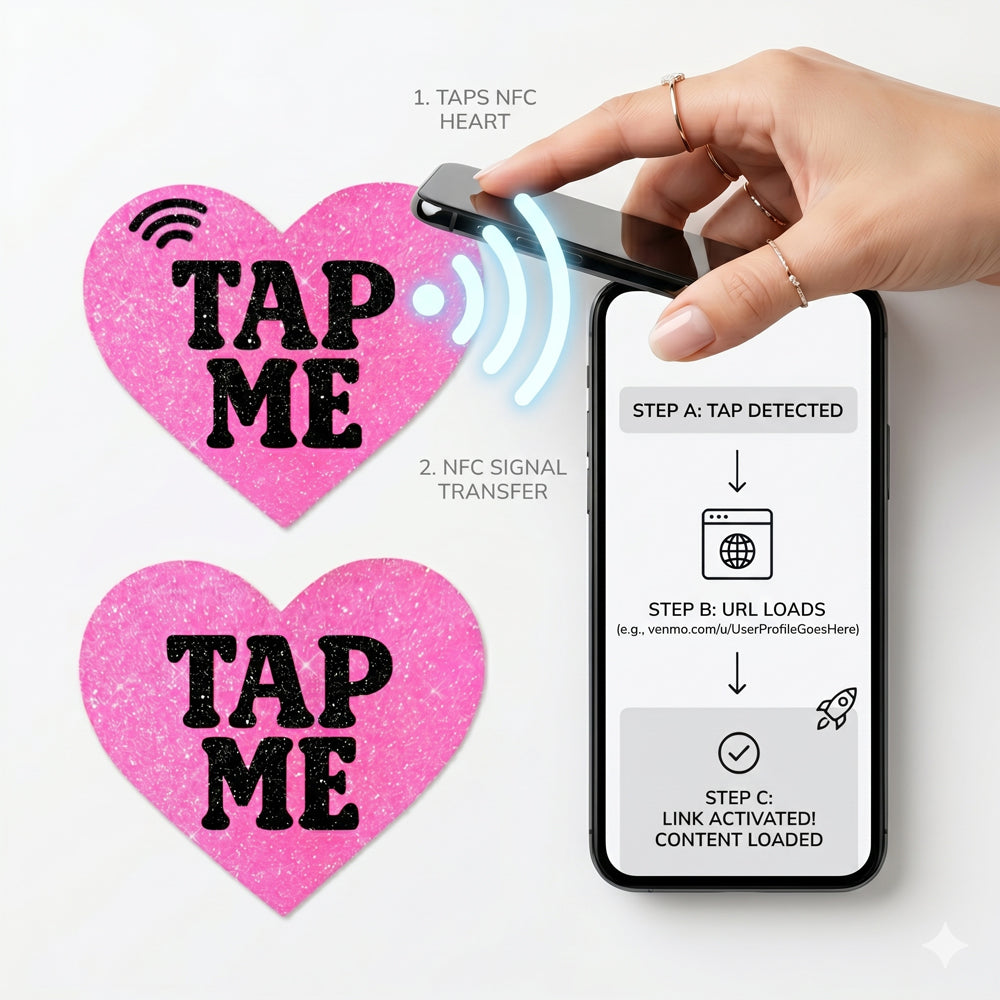 Neva Nude Tap Me Pink Heart Smart Nfc Pasties demonstrating NFC technology for easy link sharing.