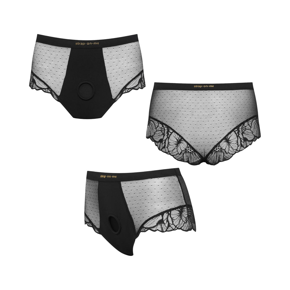 Strap-on-me Divine Lingerie Harness Large Black displayed in various angles showcasing its elegant design and functionality.
