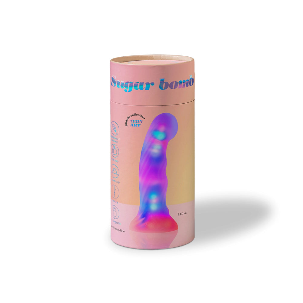 Love To Love Dildo LED Sugar Bomb packaging featuring vibrant colors and LED lights, designed for a unique visual experience.
