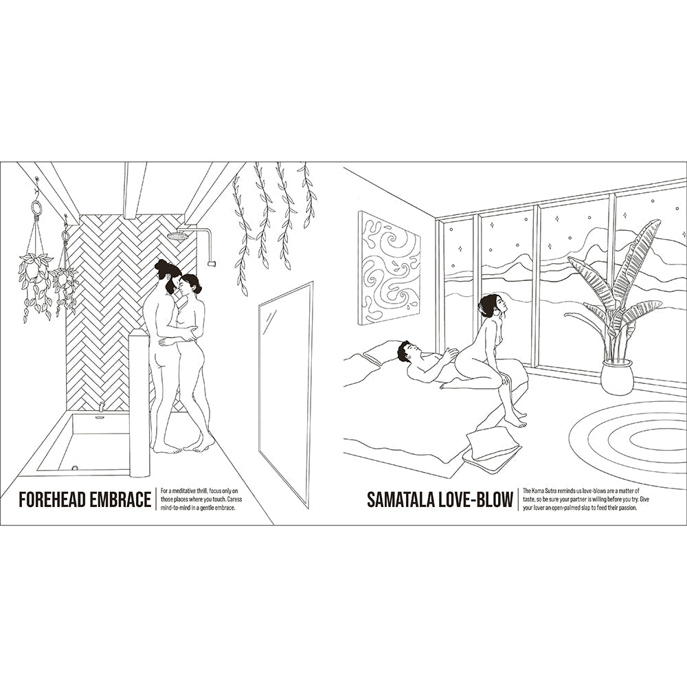 The Kama Sutra Coloring Book For Maximum Pleasure & Relaxation illustration featuring Forehead Embrace and Samatala Love-Blow.