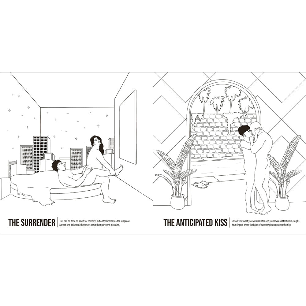 The Kama Sutra Coloring Book For Maximum Pleasure & Relaxation pages illustrating 'The Surrender' and 'The Anticipated Kiss'.