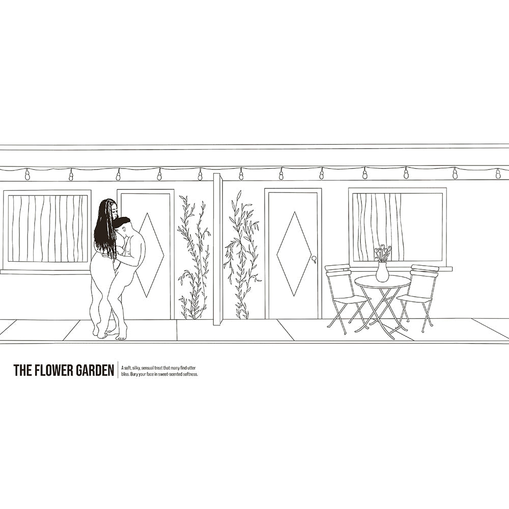 The Kama Sutra Coloring Book For Maximum Pleasure & Relaxation illustration of two figures in a flower garden setting.