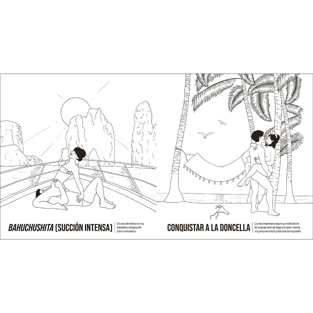 Kama Sutra Coloring Book Libro Para Colorear spanish Edition illustration featuring romantic couples in tropical settings.