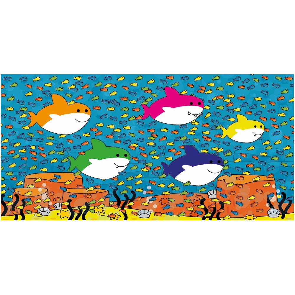 Colorful underwater scene with cartoon sharks and fish in a vibrant ocean setting.