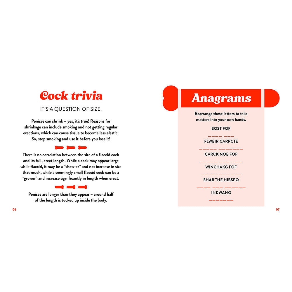 The Little Book Of Cock pages featuring trivia and anagram challenges, emphasizing humorous adult themes.