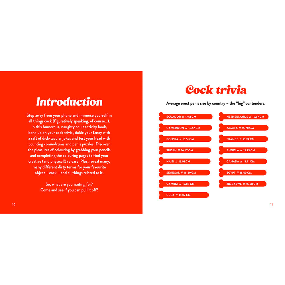 Introduction and trivia pages from The Little Book Of Cock featuring jokes and facts about penis sizes.
